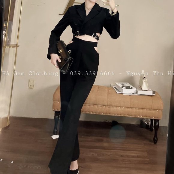 Jackets & Blazers - Black cut out cropped blazer and wide leg pants 2 piece pant suit set size S